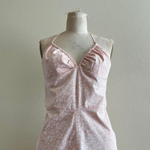 handmade pink white floral halter mini summer dress - Picture 2 of 9